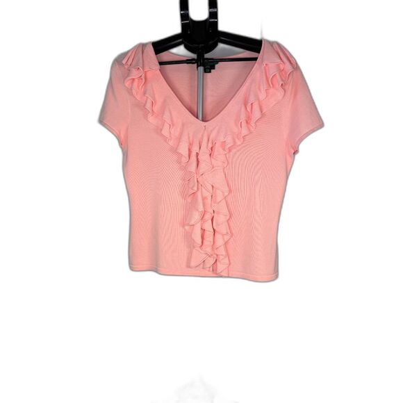 Lauren Ralph Lauren Pink Ruffle V-Neck Short Sleeve Sweater - Size L - Picture 2 of 6